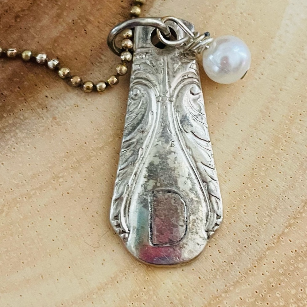 “D” monogram silver spoon and Pearl bead necklace with ball chain Vintage look